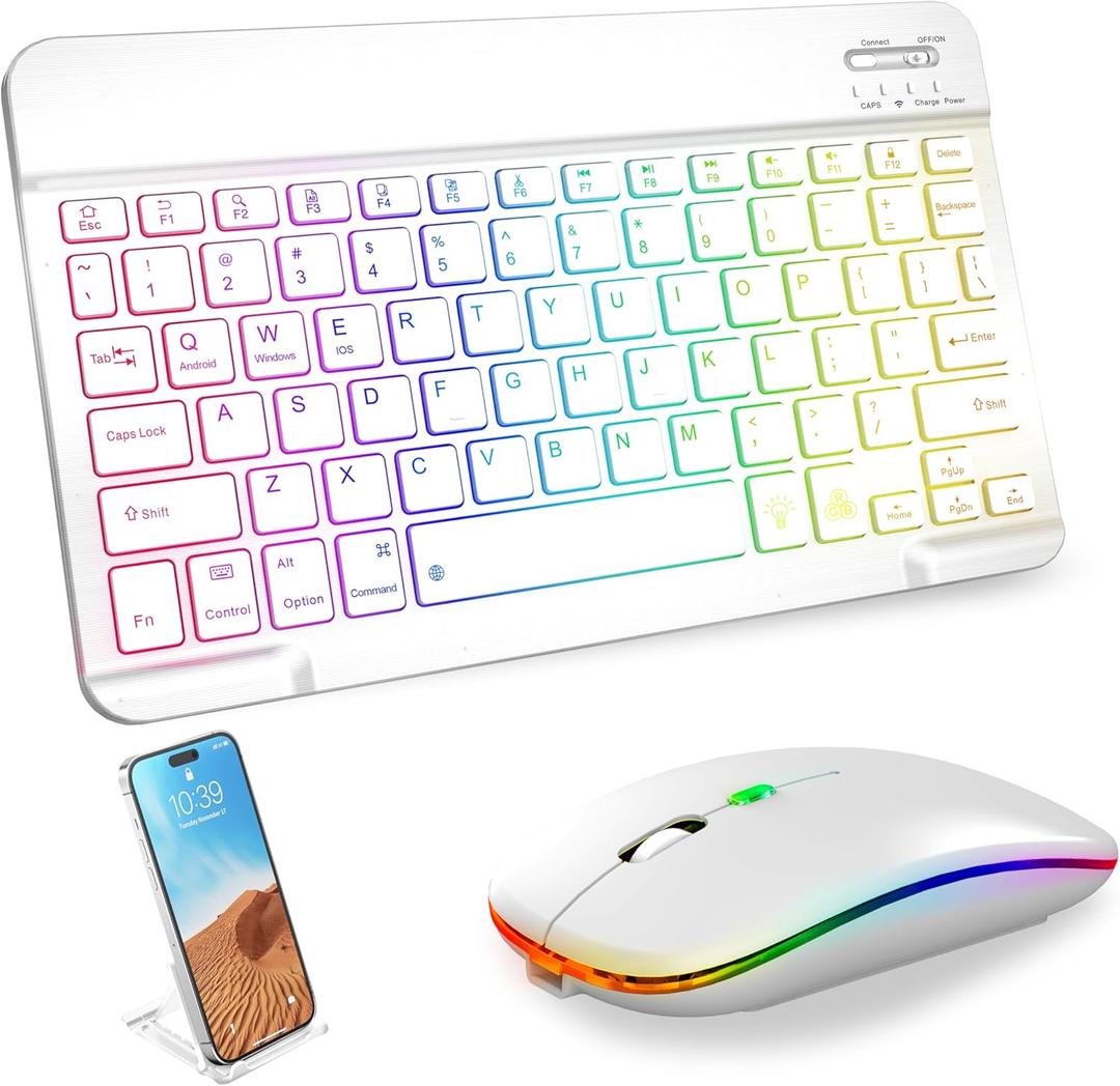 Bluetooth Keyboard & Mouse Combo for iPad - Rechargeable RGB Wireless Set with 7-Color Backlit, Compatible with iPad 10th/9th/8th Gen, iPad Pro/Air/Mini (White).