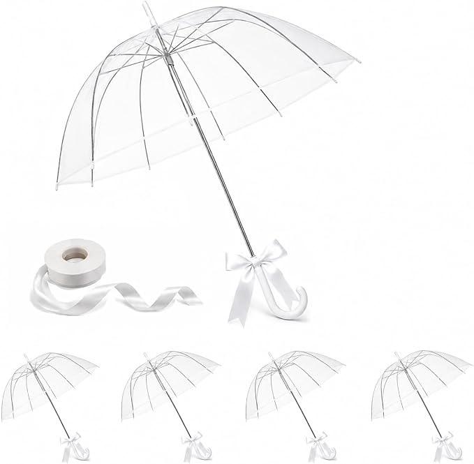 Clear Umbrella Bulk, Bulk Umbrellas for Wedding, 39 Inch Transparent POE Dome Umbrella with Auto Open, Stainless Steel Frame and White J Handle, for Wedding Guests, Photography and Outdoor Parties, 5 Pack