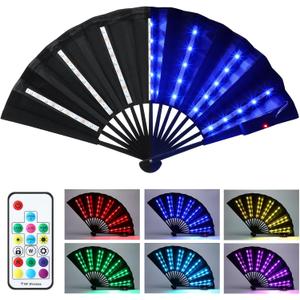 Roowest Rave Party LED Light up Folding Fan for Line Dancing with Remote Control Large Handheld for Party Gift Stage Performance Props Birthday Dance Wedding Night Bar Club(Black)