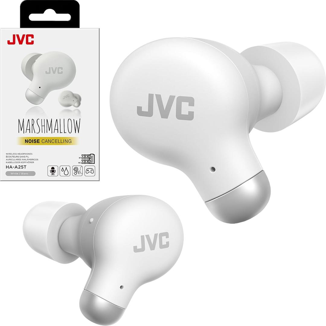 JVC Active Noise Cancelling True Wireless Earbuds - Bluetooth 5.3 with ANC - Comfortable Fit with S/M/L Silicon & Memory Foam Earpieces - IPX4 Water Resistant - 28 Hrs Playback - Compact Charging Case (White)