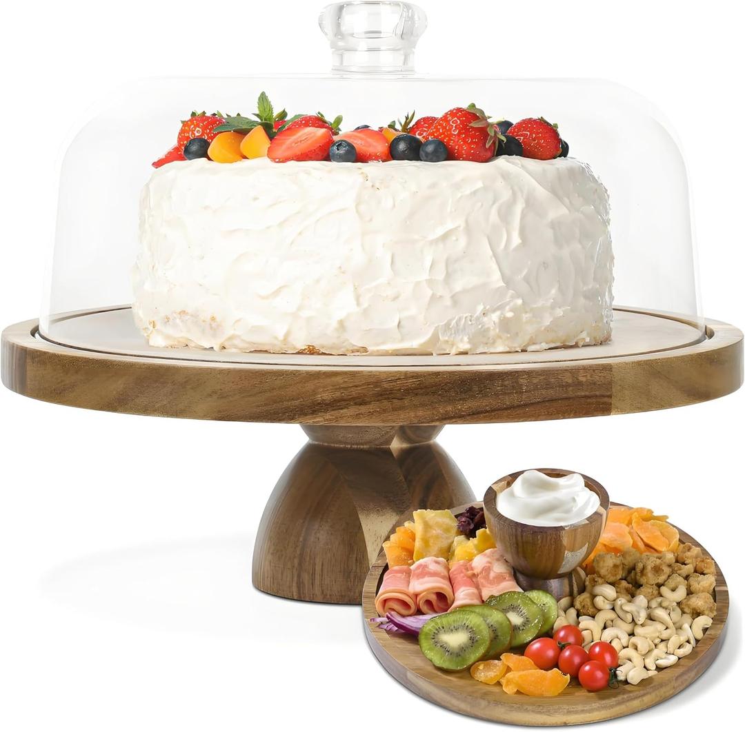 Acacia Wood Cake Stand with Lid, 2-In-1 Cake Plate with Acrylic Lid, 12in Round Dessert Table Display Set, Raise Dome for Charcuterie Board, Cheese, Chips & Dips, Nachos, Fruit Platter (12in)