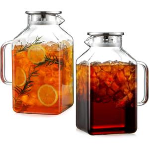 2 Pack 1 Gallon Square Glass Pitcher with Lid and Spout, Borosilicate Glass Carafe for Hot/Cold Drink, Water Pitchers with Handle for Fridge, Extra Large Jug for Iced Tea, Coffee, Juice, Beverage