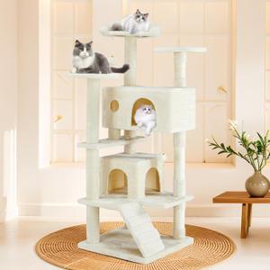 Sweetcrispy 54 Inch Cat Tree Tower, Multi-Level Tower with Cat Scratching Post, Indoor Cat Condo with Climbing Ladder, Plush Toy, Play House for Cat, Beige