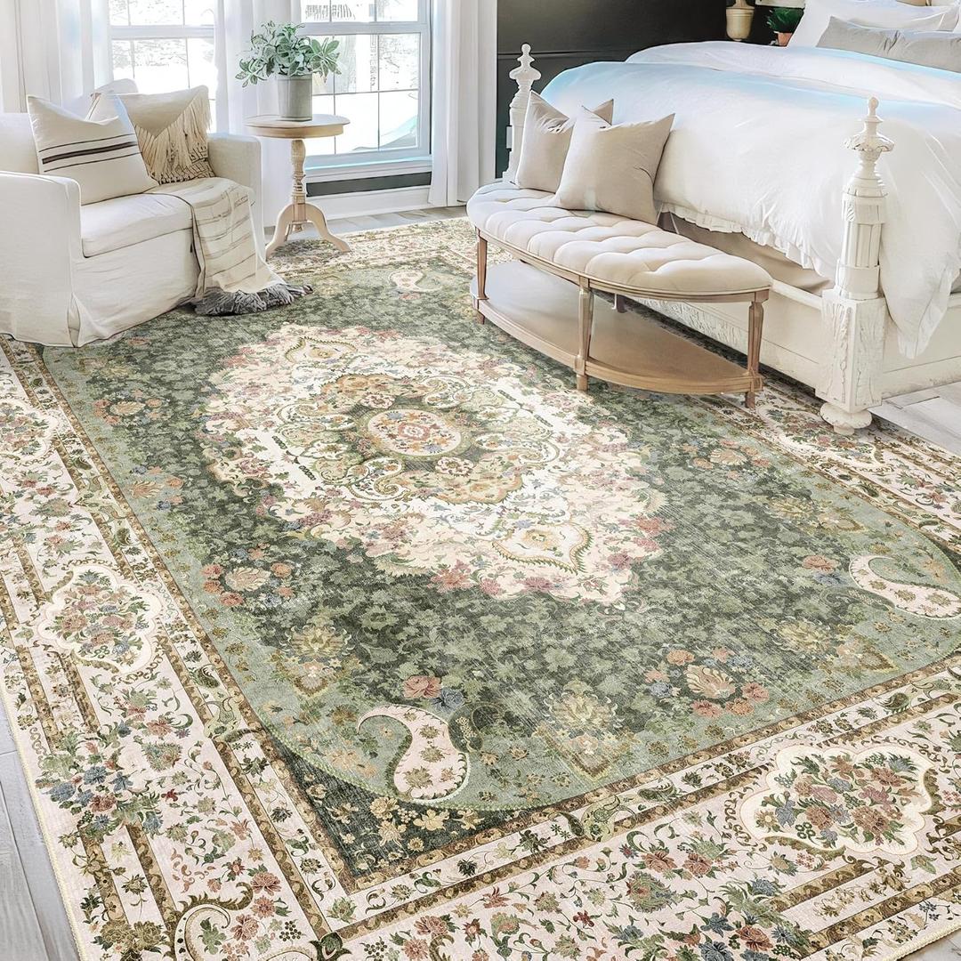 9x12 Area Rugs Washable,Green Rug for Living Room Bedroom Dining Room,Large Boho Vintage Bohemian Distressed Carpet Non Slip, Floral (New Green)