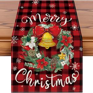 Artscope Wreath Merry Christmas Table Runner, Xmas Winter Holiday Kitchen Dining Table Decoration for Christmas Home Decor 13x120 Inch-Buffalo Plaid Red