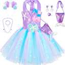 Little Mermaid Tutu Dress for Girls - Princess Mermaid Ariel Costume with Accessories (7-8 Years, Light Purple)