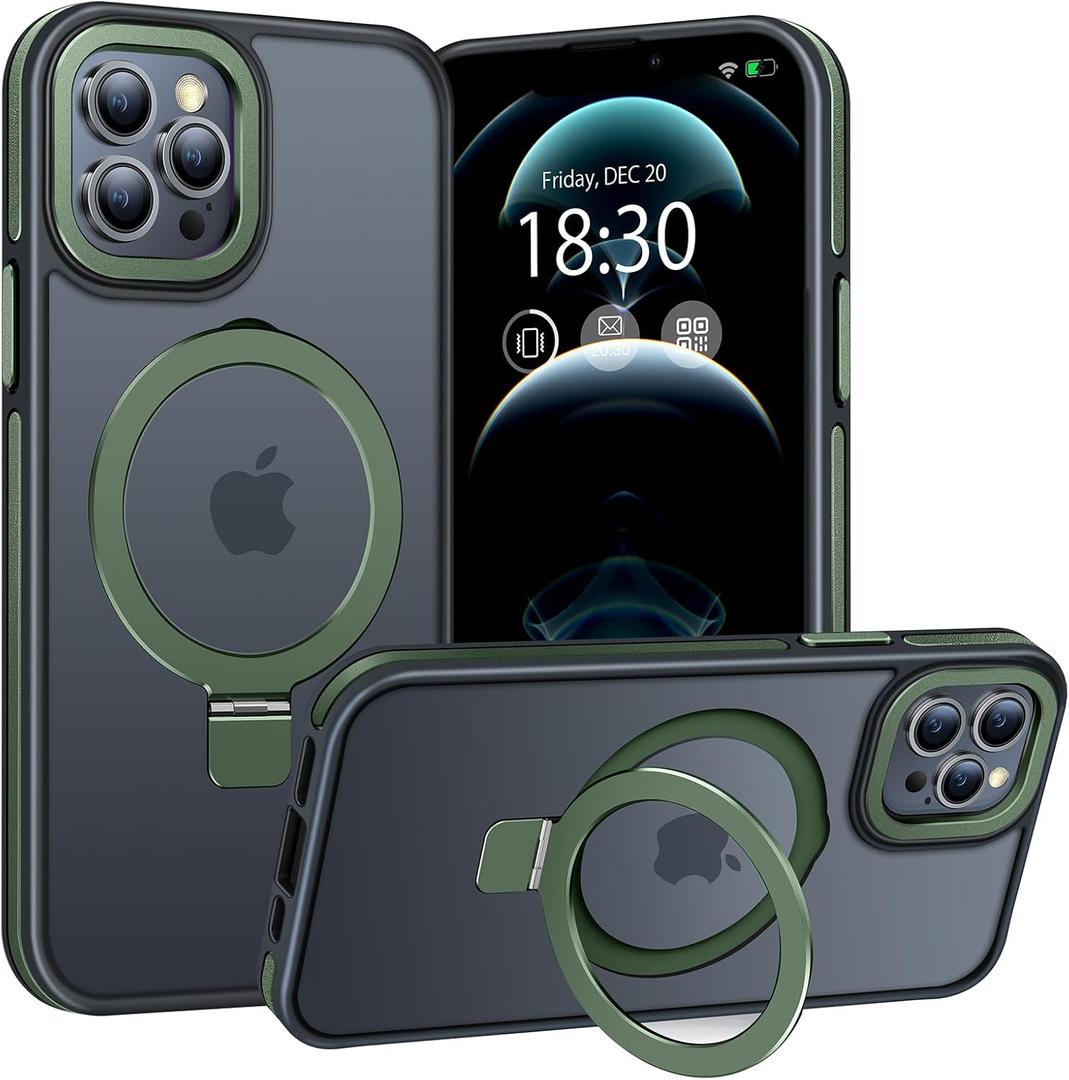 Magnetic Case for iPhone 12 Pro Max, with Invisible Ring Stand, Military Drop Protection, Shockproof Anti-Fingerprint Matte Protective Cover for iPhone 12 Pro Max, Dark Green