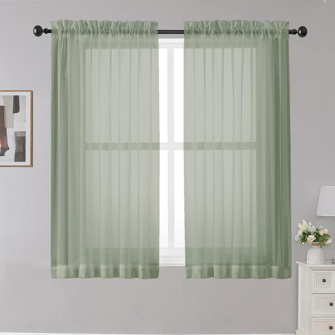 OWENIE Sheer Curtains Sage Green, 45" Long, Light Filtering for Small Window, 2 Panels, Cafe Style