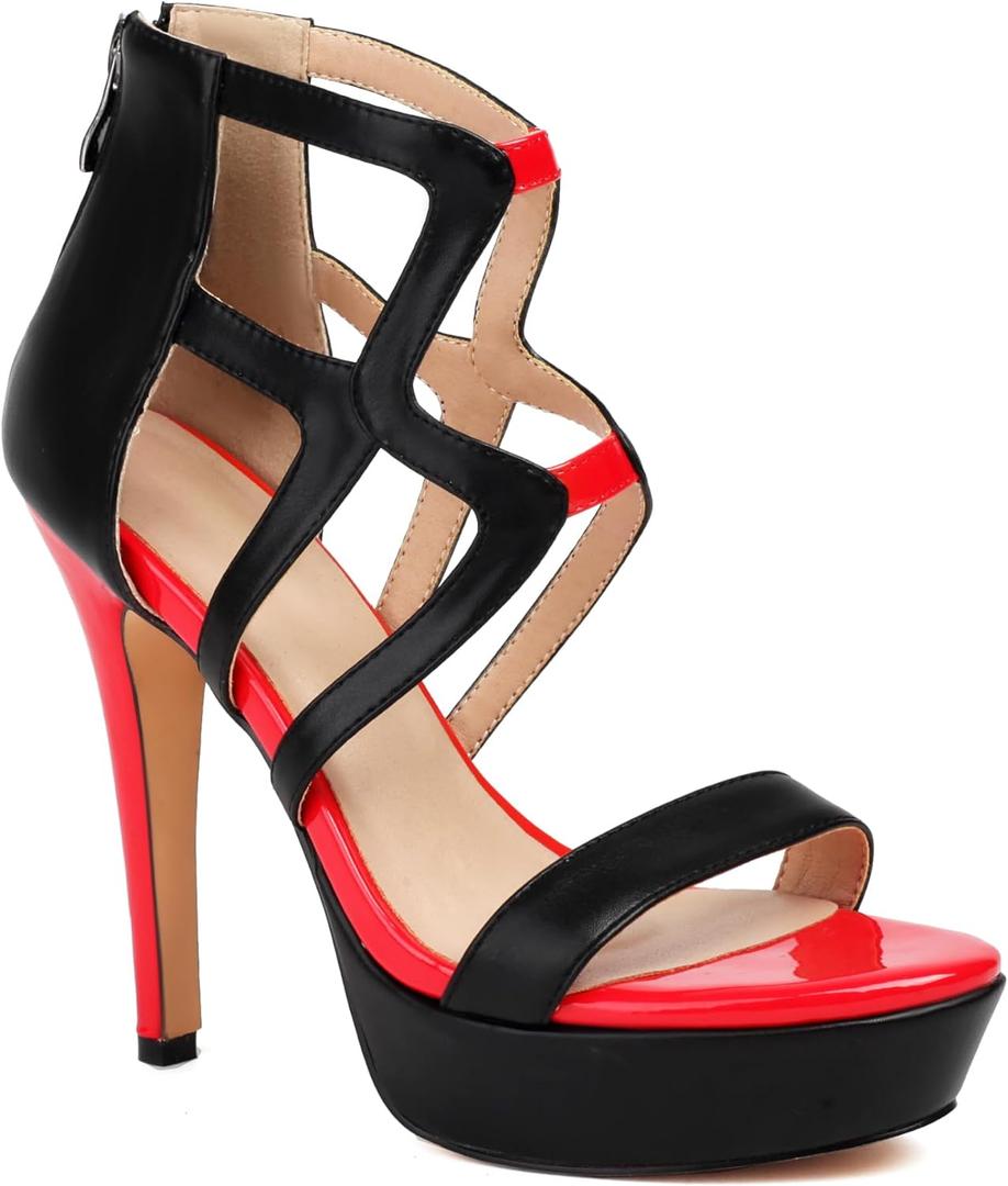Women's Black and Red Stiletto Sandals Platform Heels Crisscross Open Toe Dress Shoes for Weddings with Back Zip, Size: 6