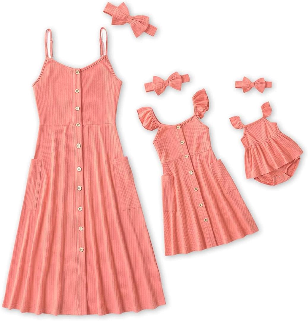 IFFEI Mommy and Me Matching Dress Spaghetti Strap Summer Casual Sundress Beach Sleeveless Dress with Headband, L