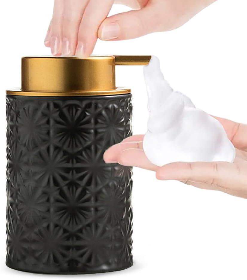 Elegant Foaming Soap Dispenser, Designed with Flower-Shaped Emboss, Ceramic Gold Hand Soap Dispenser for Bathroom (Black)