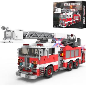 Light-Up Ladder Fire Truck Building Set – 720PCS STEM Toys for Kids & Adults, City Firetruck Building Bricks with Flashing Lights, Ideas Creative Gift for Birthday Christmas Compatible Building Bricks, 11.6 x 3.74 x 5 inches