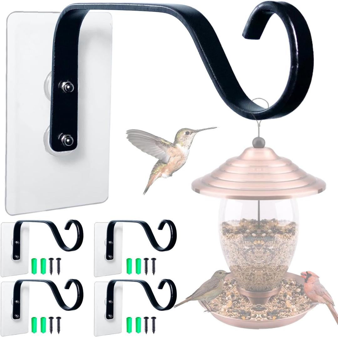 4 Pcs Window Bird Feeder Hook- Bird Feeder Hanger for Heavy Outdoors Hanging- Window Hummingbird Feeder Stand Also for Wind Chimes & Plants& Garlands & Etc (Bird Feeder Not Included) (Black)
