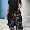 Womens 2 Piece Outfits High-Low Hem Long Sleeve Top Elastic Waist Floral Wide Leg Pants Sets, 0X