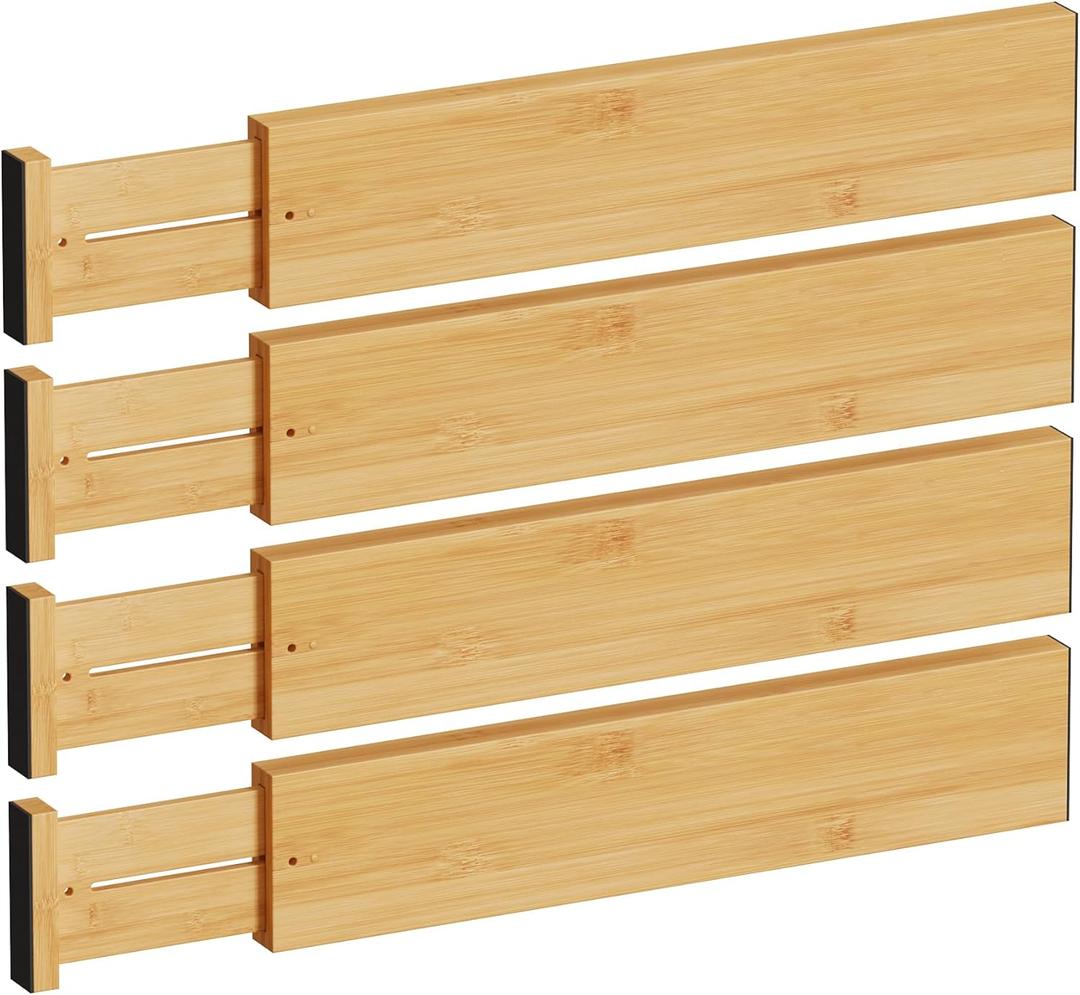 BAMEOS 4" High Drawer Dividers Bamboo Separators Organization Expandable Organizers for Kitchen Bedroom Bathroom Dresser Office 4-pack (Natural)