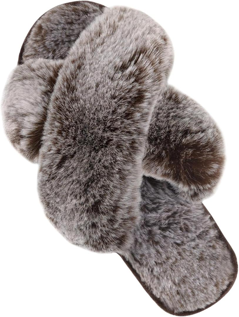 Parlovable Women's Fuzzy Slippers Comfy Cross Band House Shoes Memory Foam Open Toe Indoor Gifts for Ladies (7-8, Tip Coffee)