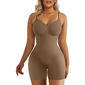 SHAPERX Shapewear for Women Tummy Control Bodysuit Mid Thigh Butt Lifter Body Shaper Shorts (Small-Medium, Brown)