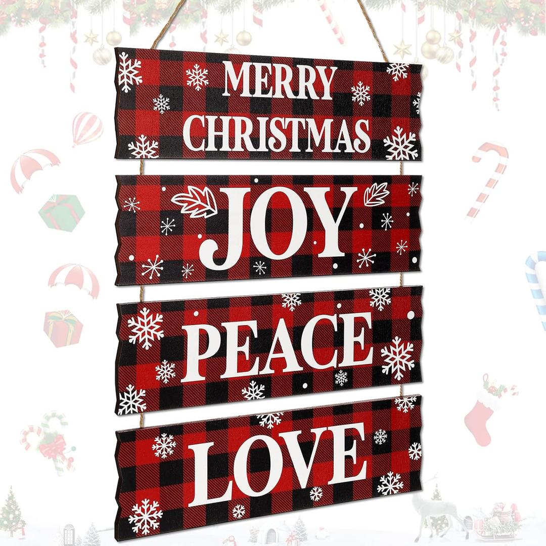 Geelin 4 Pcs Christmas Wood Hanging Signs - Merry Christmas, Joy, Peace, Love - Wooden Square Sign Decoration for Home Indoor Outdoor(Plaid Style)