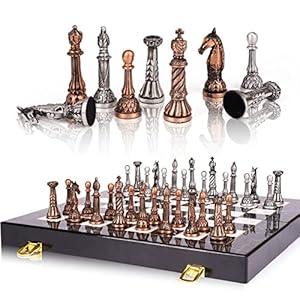 Retro Metal Chess Set for Adults and Kids – Marbling Chess Board with Chess Pieces – Travel Chess Set with Metal Pieces – Folding Chessboard – Ideal for Beginners and Professional Players