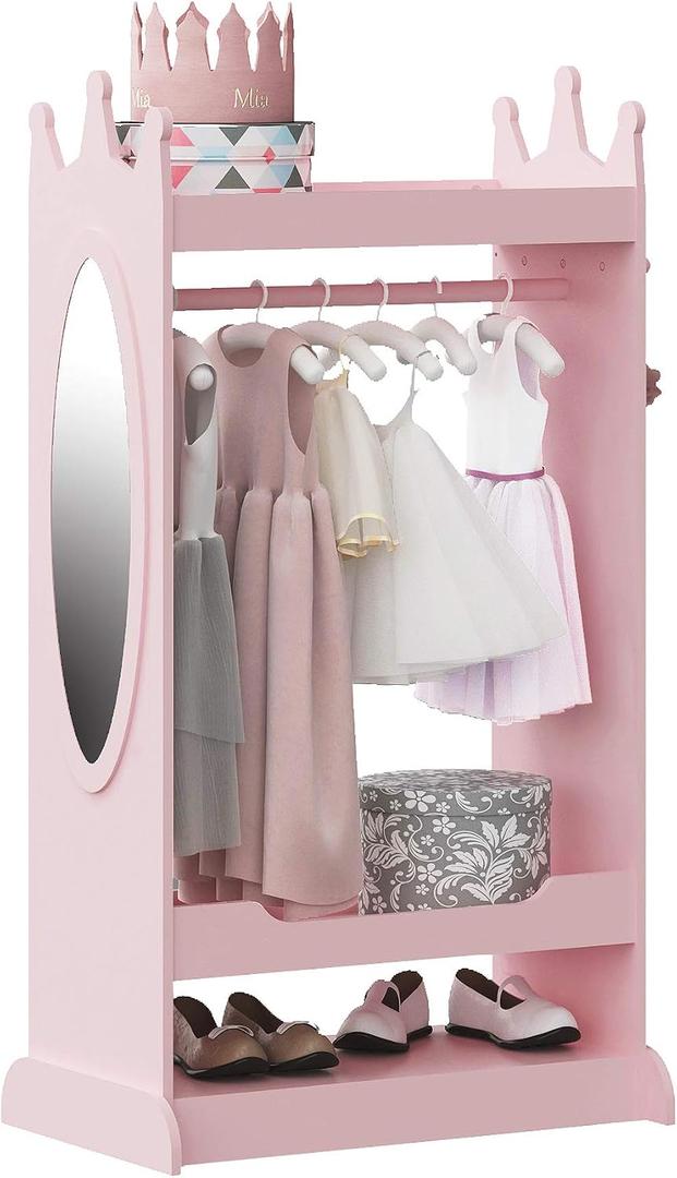 UTEX Kids Dress up Storage with Mirror,Costume Wardrobe for Kids, Open Hanging Armoire Closet,Pretend Storage Closet, Costume Storage Dresser (Pink), 24.53x 14.96 x 45.3