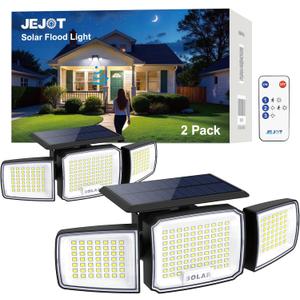 Solar Security Light Outdoor Super Bright LED, Motion Sensor Flood Light, 3 Heads 270 Wide Angle, Remote Control,IP65 Waterproof, 3 Modes (2 Packs)