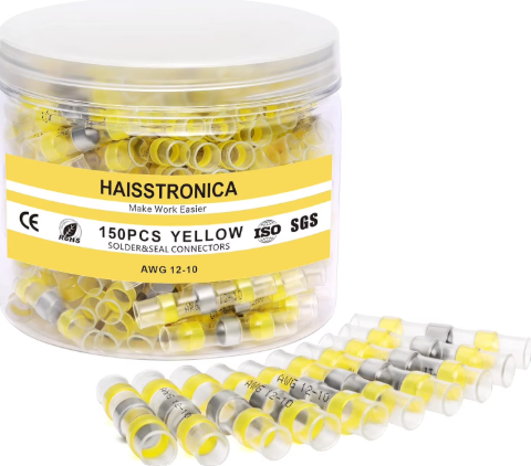 haisstronica 150PCS Solder Seal Wire Connectors,Waterproof Heat Shrink Butt Connectors Terminals for Watercraft,Electrical,Electronics AWG 1210 Yellow