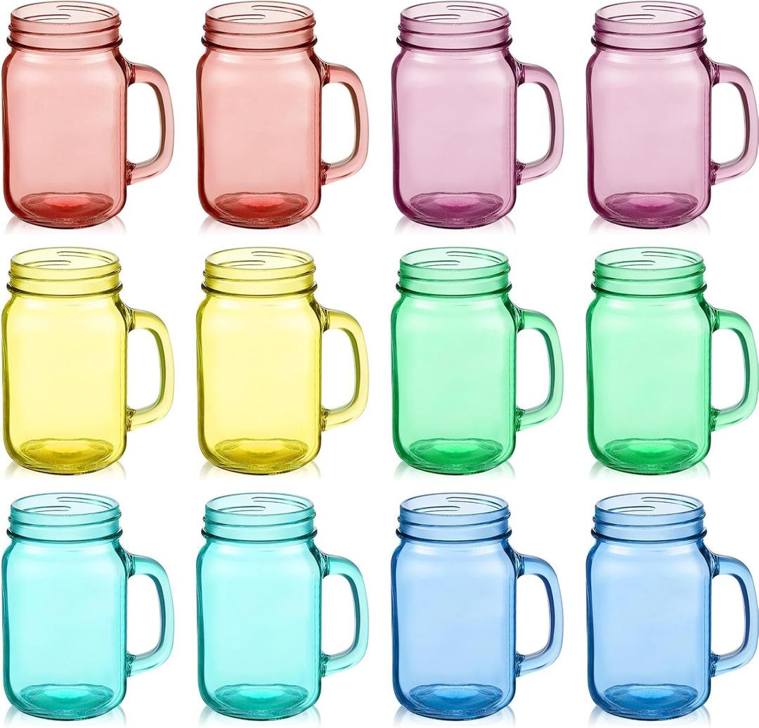 Zhehao 12 Pcs 16 oz Colored Mason Jars with Handle Bulk, Vintage Color Glass Mason Jars for Cold Beverages Decoration Storage Party Favors Cocktails(Multicolor)