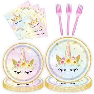 96 Pcs Birthday Plates and Napkins Party Supplies, Gold Horned Horse Disposable Forks Paper Dessert Tableware Decorations Table Dinnerware Favors Set, Serves 24