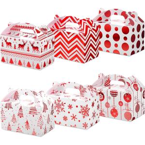 Faccito 24 Pack Christmas Treat Boxes Xmas Cardboard Gable Goody Candy Cookie Boxes Foil Gift with Handles for Gift Wrapping Holiday Party Favor Present Supplies, 6 Designs(Red)