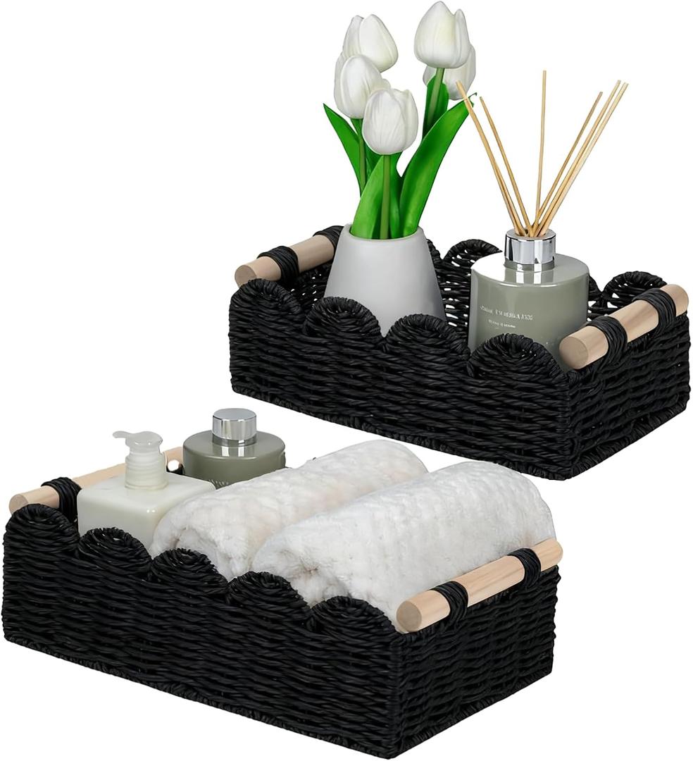 Black Scalloped Edge Storage Baskets with Wood Handle, Set of 2 Decorative Paper Rope Organizer Bins for Bathroom, Shelf & Countertop
