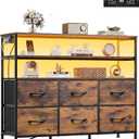 WLIVE Dresser for Bedroom, 6 Drawer Dressers with LED Lights and Charging Station, Fabric Chest of Drawers with Open Shelves, LED Storage Dresser for Living Room, Closet, Rustic Brown Wood Grain Print