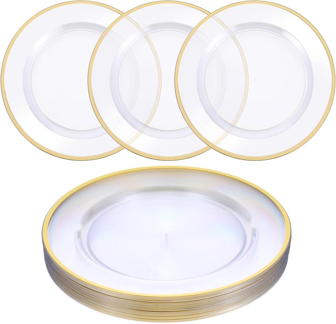 25 Pack 12 Inch Gold Charger Plates, Clear Charger Plates with Gold Trim, Disposable Plastic Charging Plate Bulk for Dinner, Wedding, Party, Event Decoration