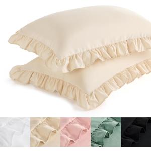 Bedsure Pillow Shams Standard Size Set of 2 - Soft Ruffle Pillowcases with Elegant Frilled Edges, Decorative Pillow Covers, Wrinkle, Fade Resistant, Envelope Closure, 20" x 26", Beige