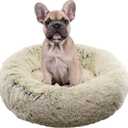 FuzzBall Fluffy Luxe Pet Bed, Calming Donut Cuddler  Machine Washable, Waterproof Base, Anti-Slip (for Small Dogs and Cats up to 25lbs) (Grey-Beige)