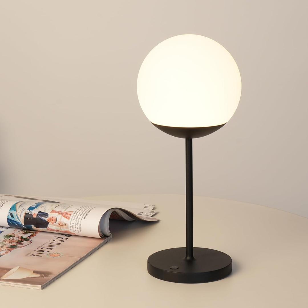 WEILAILUX Cordless Table Lamp with Globe Shade, Rechargeable Dimmable Bedside Light, Shower Lamp Waterproof, Touch Control, 8-72 Hours Runtime, 2700K Warm White for Indoor Outdoor (Black, Mini)