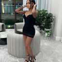 Women's Spaghetti Strap Bodycon Mini Dress Sexy Deep V Neck Sleeveless Club Party Short Dresses (Black, M)