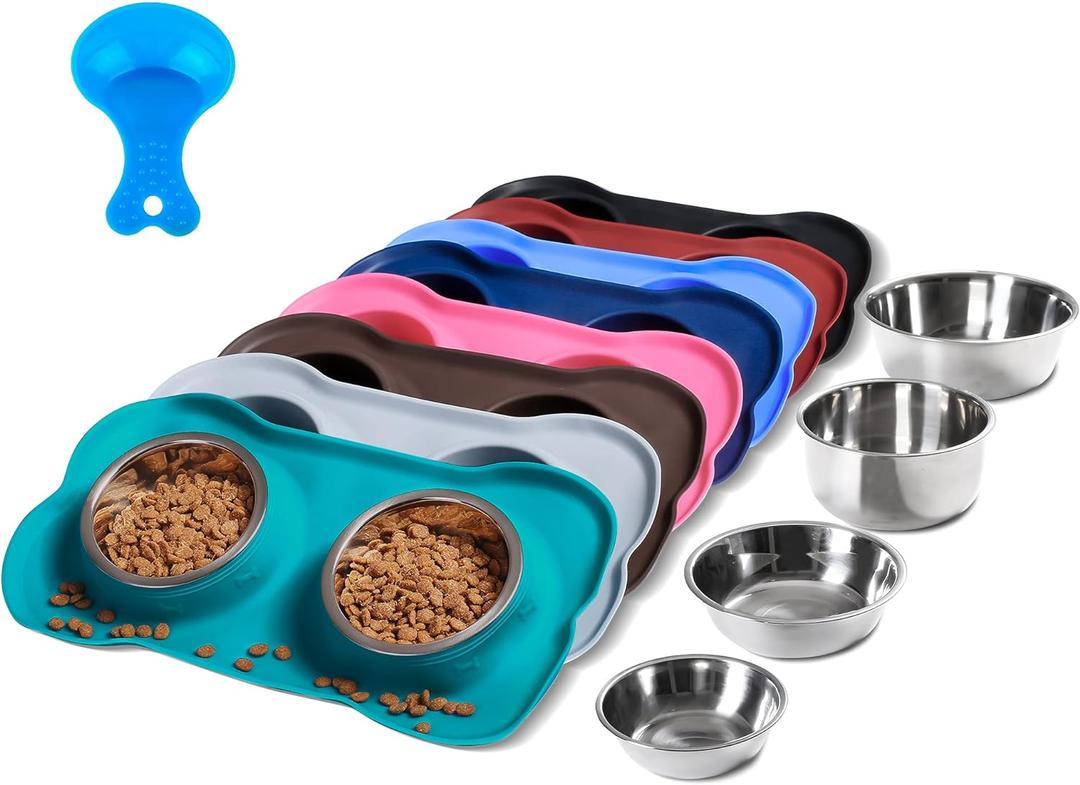 Hubulk Pet Dog Bowls 2 Stainless Steel Dog Bowl with No Spill Non-Skid Silicone Mat + Pet Food Scoop Water and Food Feeder Bowls for Feeding Dogs Cats Puppies (Medium, Green)