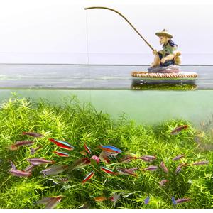 Floating Fish Tank Decorations, Resin Fisherman Aquarium Decor with Realistic Mini Fishing Rod, Fun Fish Feeder Aquarium Ornaments for Guppy Betta and Small Schooling Species Interactive Toy