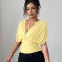 Milumia Women's Ruched Mesh T Shirt Short Sleeve Wrap Cinched Waist Tops (Yellow, S)