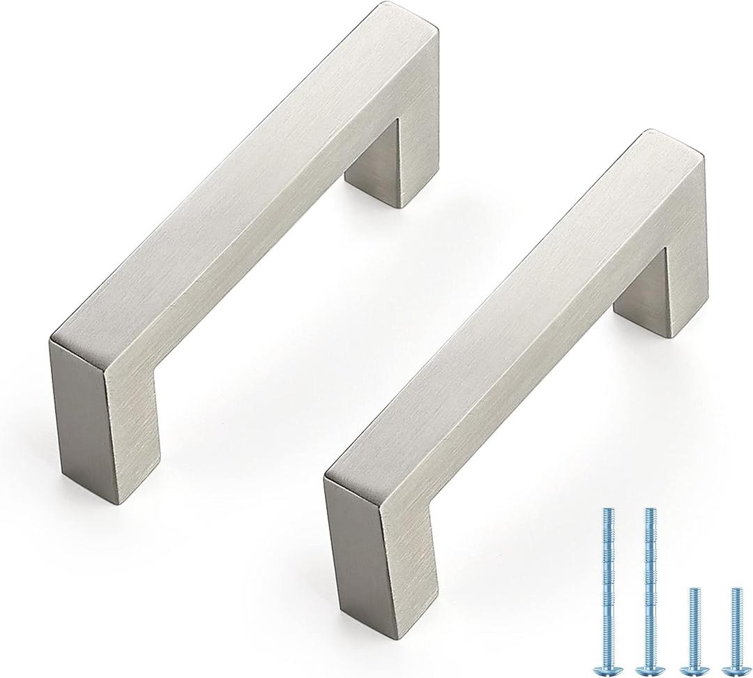 5 Pack Brushed Nickel Cabinet Pulls, 3.5 Inch Cabinet Door Handles with 3 Inch Hole Center, Square Kitchen Hardware for Doors, Drawers & Cupboards, Silver Stainless Steel (3" Hole Center, Brushed Nickel Square)