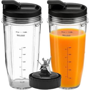 Replacement 24oz Blender Cups with Lid for Ninja, 7 Fins Extractor Blade Compatible with Nutri Auto iQ BN401 BN751 BN801 BL642 BL456 BL480 Foodi SS401 SS101 NN100 NN210 NN102 BL2012