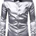 ZEROYAA Men's Luxury Shiny Silk Like Satin Button Up Dress Shirts (Silver, XL)
