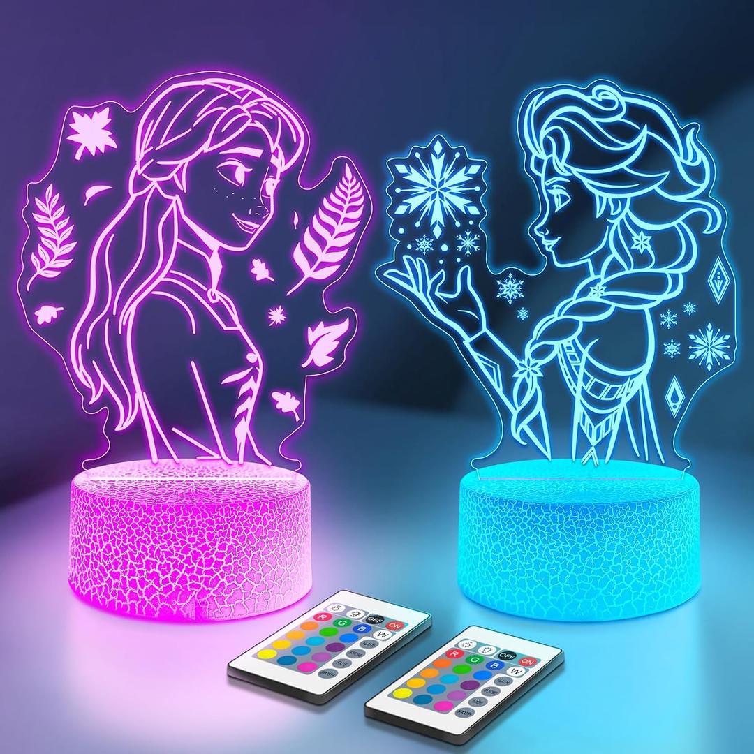 Cute Night Light for Kids [2 Set] 16 Colors Change Princess Decor Lamp with Remote, Dim for Girls Bedroom 3D Illusion LED Night Lights, Ideal Gifts for Girls Christmas Birthday Party Room Decoration