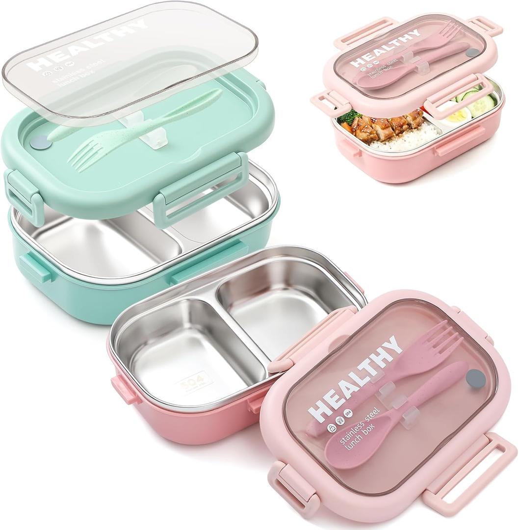 2 Pack Stainless Steel Lunch Container 28oz with Cutlery, 2 Compartment Bento Box, Leakproof Food Storage Container for Adults Family Office Work Picnics Travel, Green and Pink