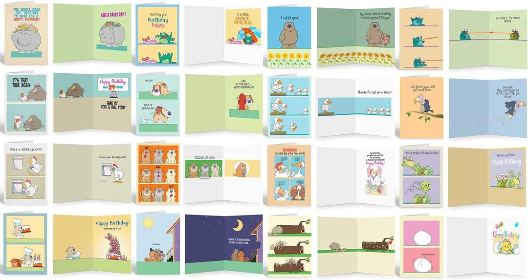 All Occasion Assortment - Cute Animal Theme Full Color Front & Inside! - Bulk Set of 16 Funny Cards - Boxed All Occasion Cards With Greeting Inside