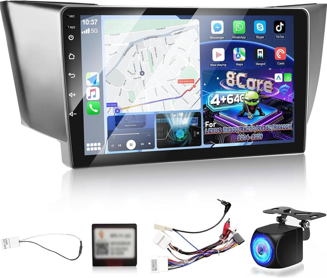[8 Core 4+64G] Upgrade Android Radio for Lexus RX300/RX330/RX350/RX400H 2004-2009, 9 inch IPS Touchscreen Carplay Stereo - 3D Car Model, Cooling Fan, 5G/WiFi, DSP Hi-Res + AHD Backup Camera + Canbus