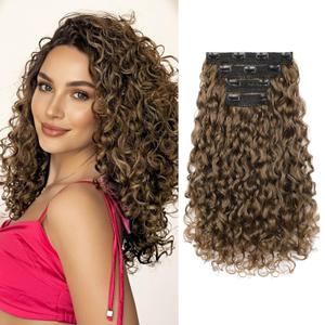 REECHO Curly Hair Extensions - 4PCS 14" GoGo Curly Clip in Hair Extensions 100% Super Protein Hairpieces with Invisible Lace Weft Silky Soft Natural Look for Women - Golden Walnut