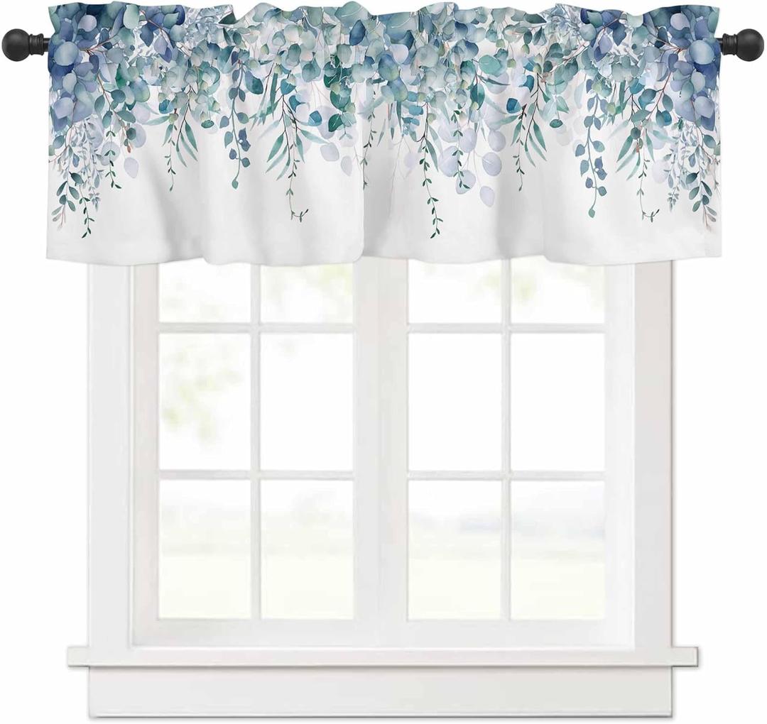 Curtain Valance for Windows Blue Eucalyptus Rod Pocket Valance Window Treatments 1 Panel Watercolor Leaves Short Curtains for Kitchen Windows Bathroom Bedroom 42x12in