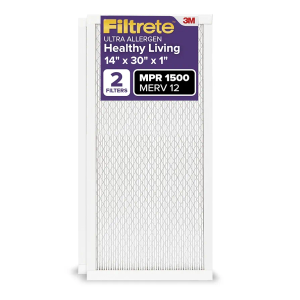 Filtrete 14x30x1 AC Furnace Air Filter, MERV 12, MPR 1500, CERTIFIED asthma & allergy friendly, 3 Month Pleated 1-Inch Electrostatic Air Cleaning Filter, 2-Pack (Actual Size 13.81x29.81x0.78 in)