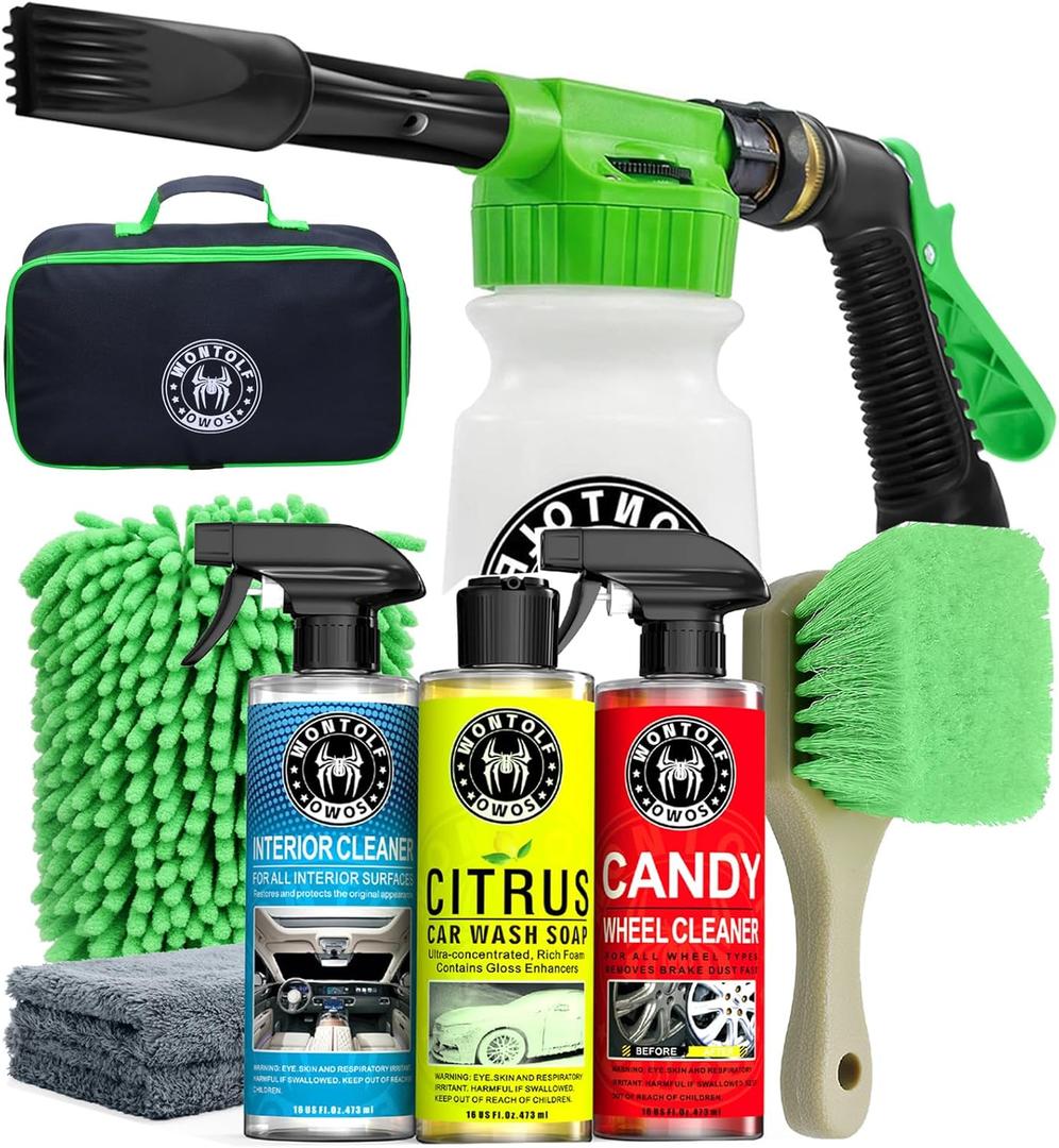 Wontolf CWK188 Car Wash Kit with Foam Gun, Car Wash Soap, Interior Detailer Cleaner, Wheel Cleaner, Car Care Cleaning Detailing Kit for Cars Trucks RVs SUVs Motorcycles (Works w/Garden Hose), 10 Items (1.6 Fl Oz (Pack of 10))
